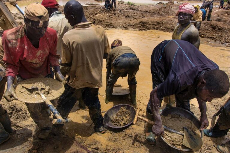 Artisanal miners in Ghana pan for gold in muddy water—an example of small-scale mining practices operating alongside larger industrial sites like Damang.