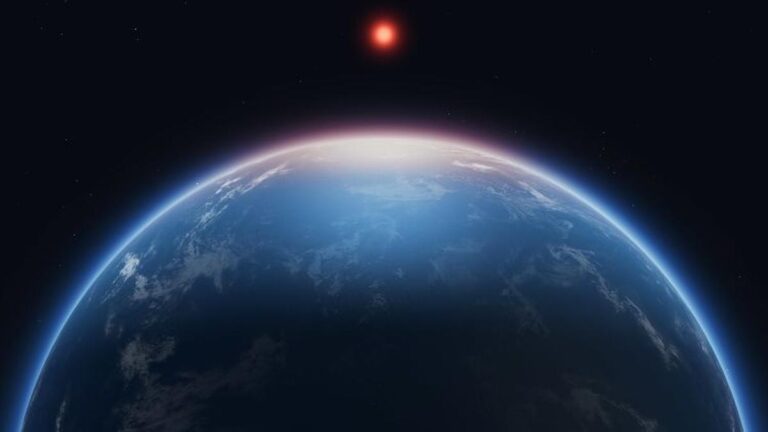 Exoplanet K2-18 b with a glowing red dwarf star rising in the distance, viewed from space with a visible atmospheric curve.