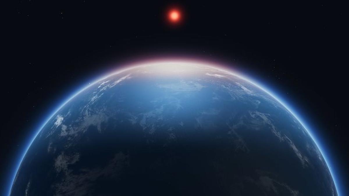 Exoplanet K2-18 b with a glowing red dwarf star rising in the distance, viewed from space with a visible atmospheric curve.
