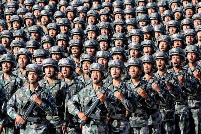 Chinese soldiers march in formation during a parade, reflecting China's growing military strength and strategic focus after the China hydrogen bomb test.
