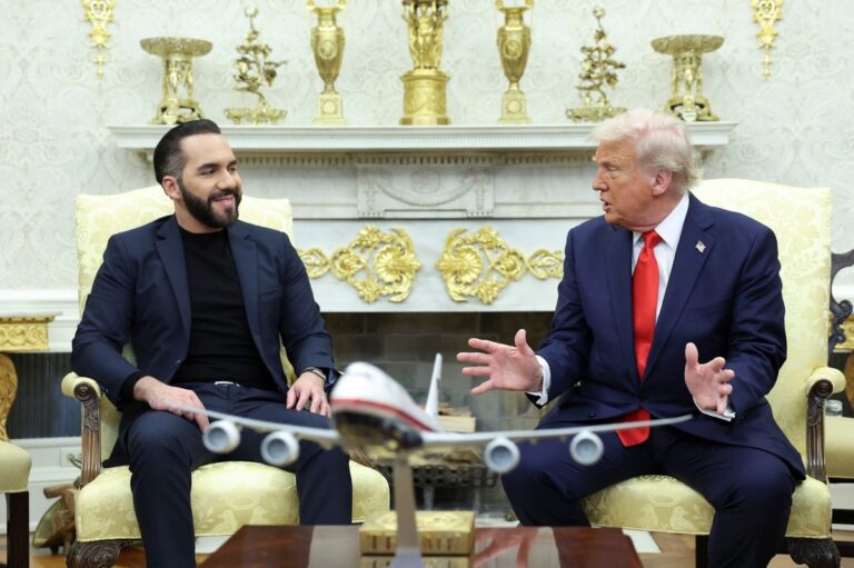 President Donald Trump meets with El Salvador’s President Nayib Bukele in the Oval Office, discussing migration and regional security during their April 2025 meeting.