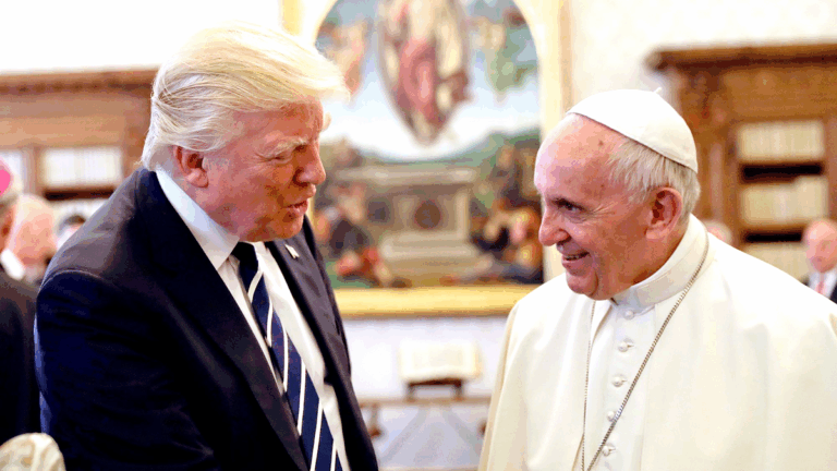 Donald Trump and Pope Francis shake hands during their 2017 Vatican meeting, years before Trump to attend Pope Francis’ funeral.