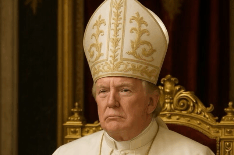 Donald Trump depicted in an AI-generated pope image wearing papal vestments on a gold throne.