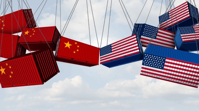 Symbolic image of U.S. and Chinese shipping containers colliding, representing economic tensions during the US-China tariff pause.