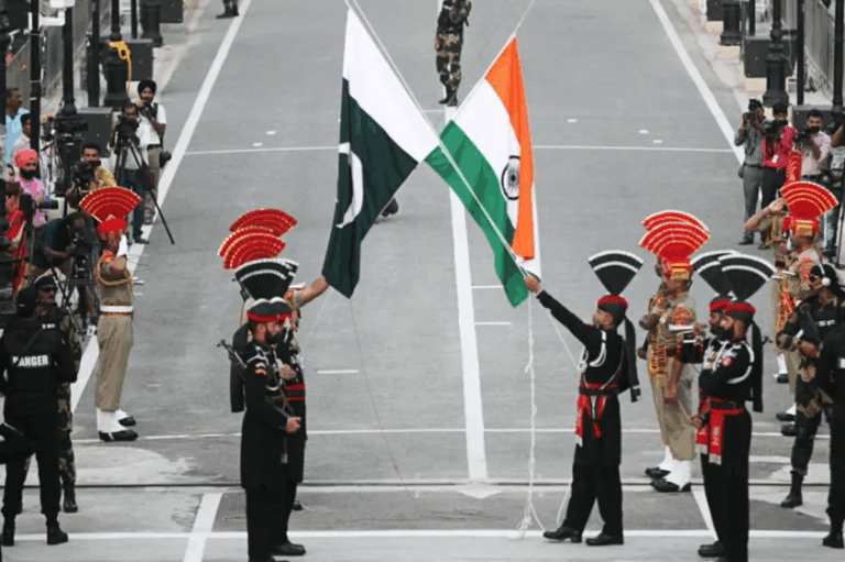 India and Pakistan soldiers at the Wagah border ceremony amid rising tensions following the Indus Waters Treaty suspension.