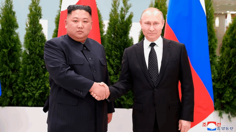 Kim Jong Un and Vladimir Putin shake hands as North Korea artillery exports strengthen ties with Russia.
