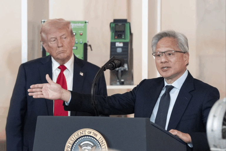Nvidia CEO warns China is not behind in AI during a White House address, as former President Trump listens in the background.