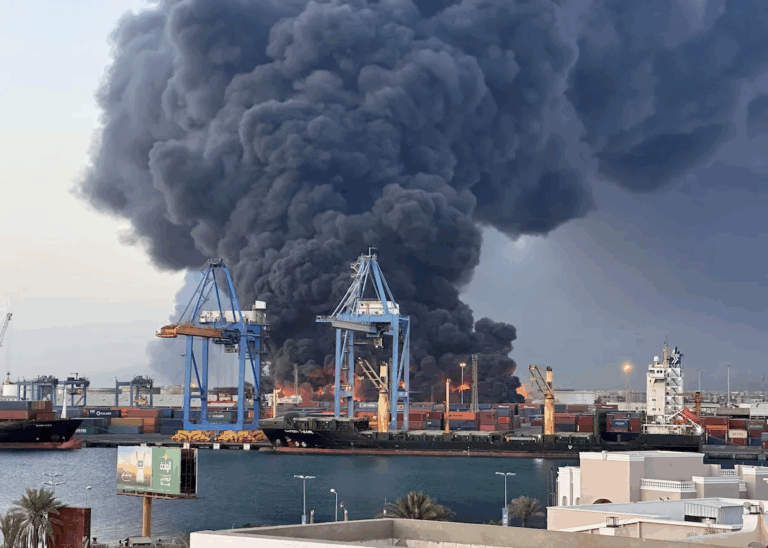 Massive smoke and fire engulf shipping containers after RSF drone strikes on Port Sudan’s critical infrastructure in 2025.