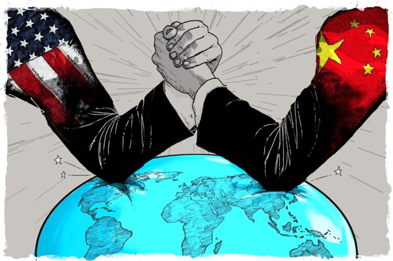 U.S. and Chinese officials arm wrestling over a globe, symbolizing the power struggle during U.S.-China trade talks in Geneva
