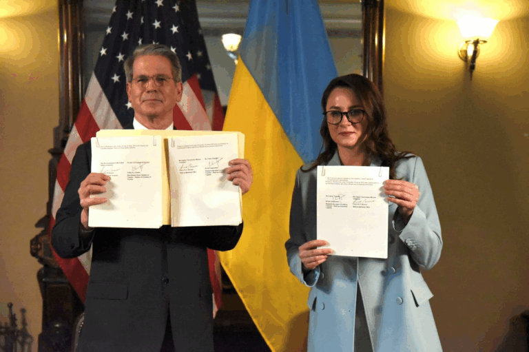 An active Ukrainian mining site tied to the U.S.-Ukraine critical minerals agreement, showcasing excavation equipment and resource extraction zones.